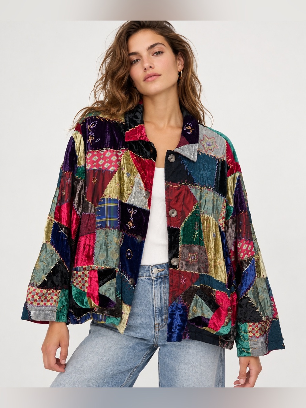 Chico’s Design Vintage Patchwork Velvet Jacket Coat Embroidered *i